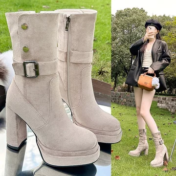 Tăng chiều cao 11CM, SIZE34-41, Cổ điển dày gót chân mỏng hơn trông dày hơn Giày bốt phương Tây nữ, Mùa thu đông Phong cách mới Giày bốt Martin thời trang nữ, Giày bốt nữ, ngắn nữ