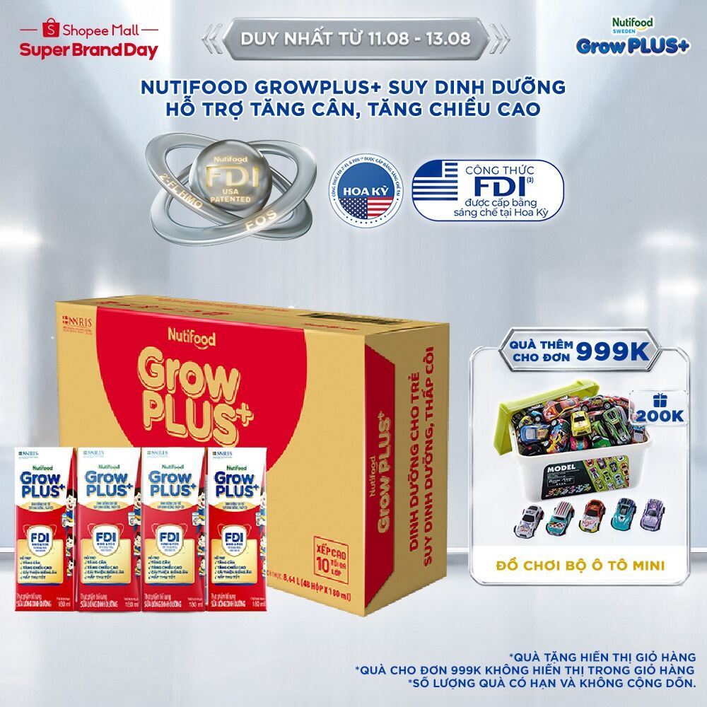 Thùng SBPS Nutifood GrowPLUS+ Đỏ (Suy Dinh Dưỡng) - Tăng Cân, Tăng Chiều Cao (48 Hộp x 180ml) (Bao bì tùy lô hàng)