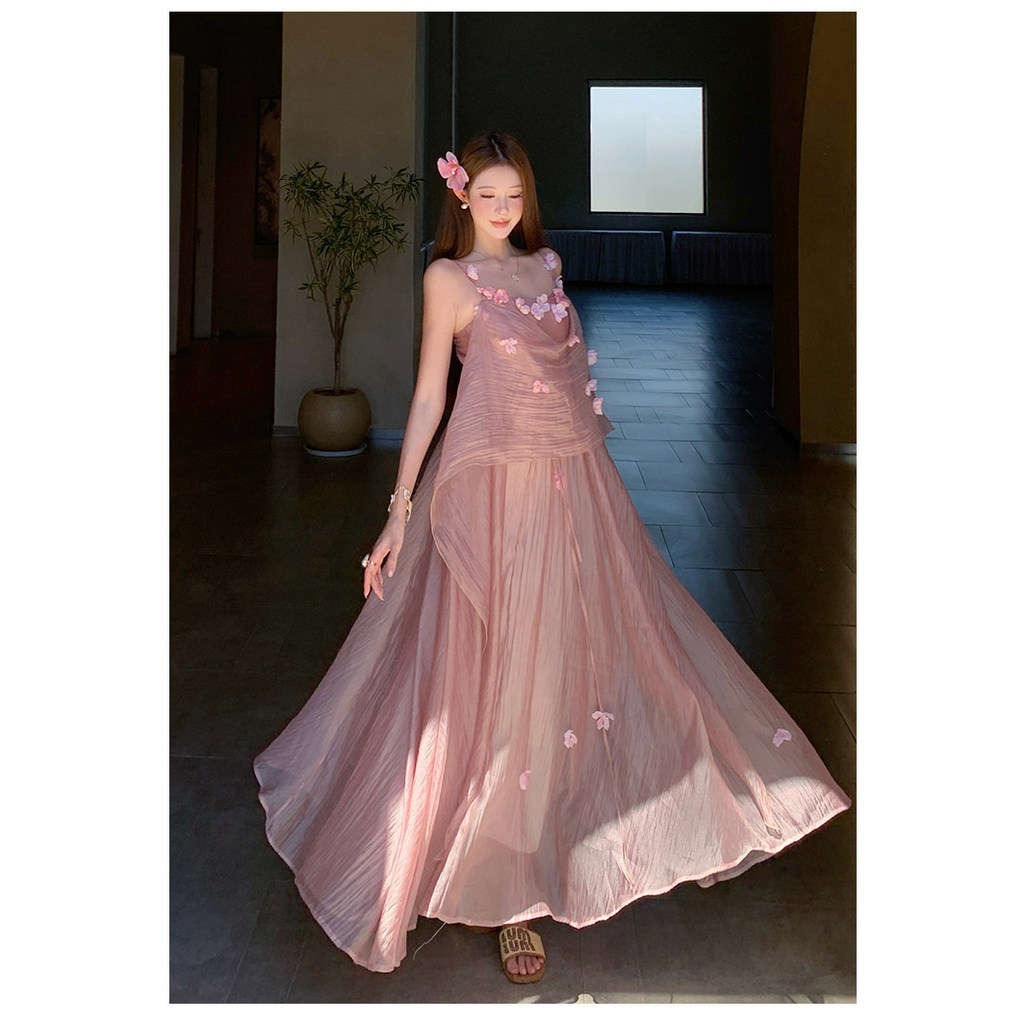 Đầm maxi xoè kết hoa rơi lãng mạn vintage Pháp