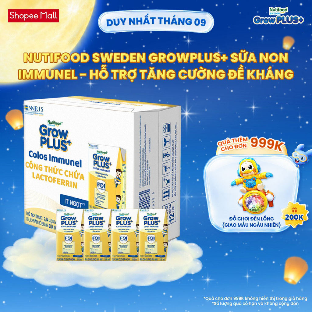 Thùng 24 hộp Sữa Bột Pha Sẵn Nutifood Sweden GrowPLUS+ Sữa Non Immunel (24 hộp x 110 ml) (Bao bì tuỳ lô hàng)