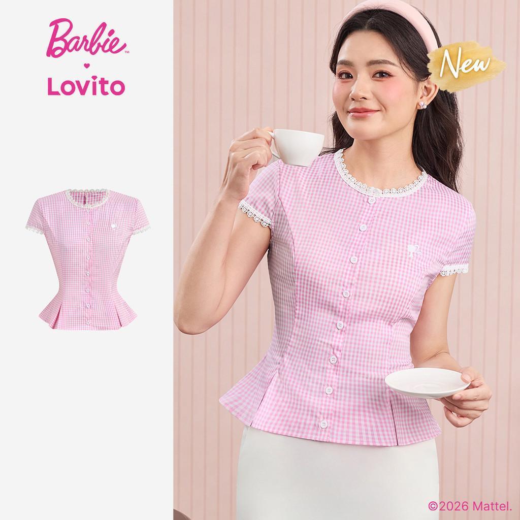 (New Arrival) Barbie™ X Lovito Áo kiểu nữ thêu Ren Tay lỡ nút cài màu hồng Phong cách xuân/hè BLBL6PAD014