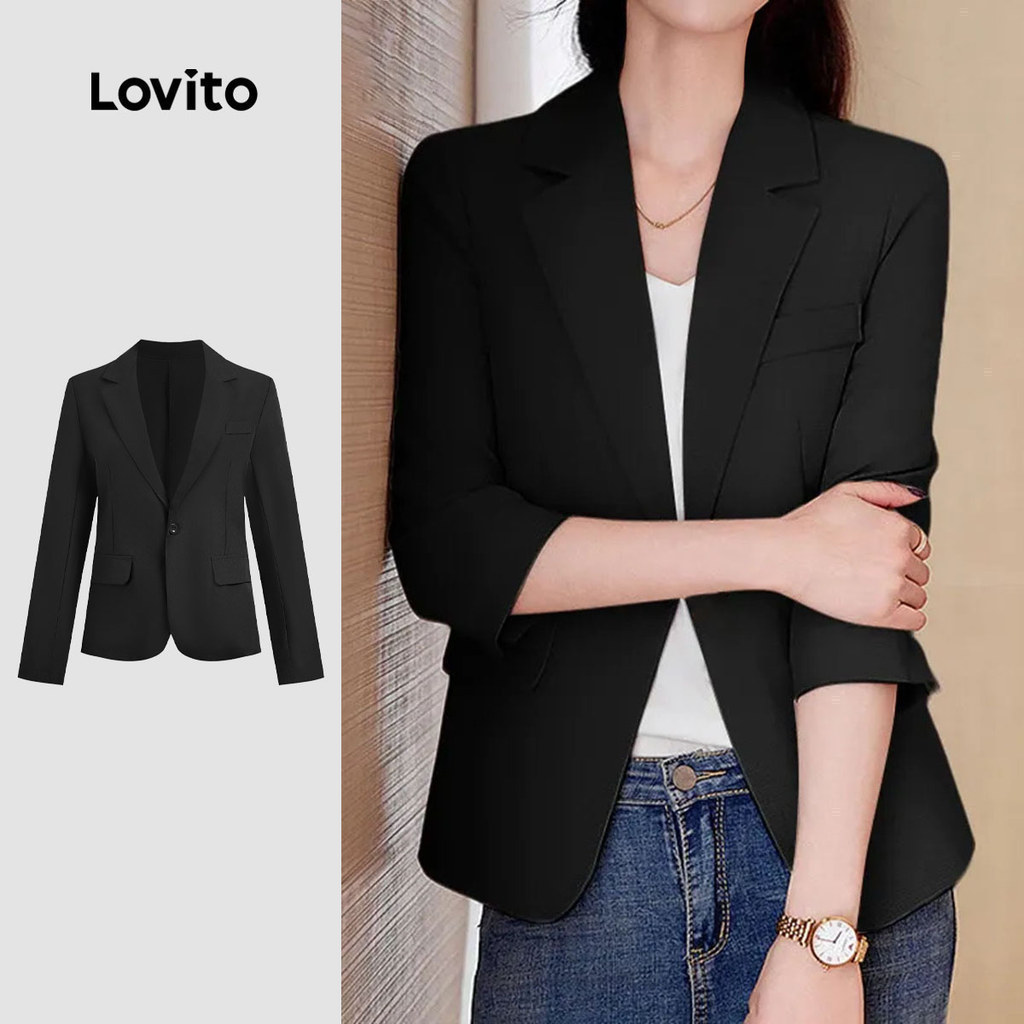 Lovito thanh lịch Áo Blazer Không Lót Cài Nút Không Có Lớp Lót Màu Đen Thích Hợp Cho Mùa Xuân/hè Dành Cho Nữ L157ED1076