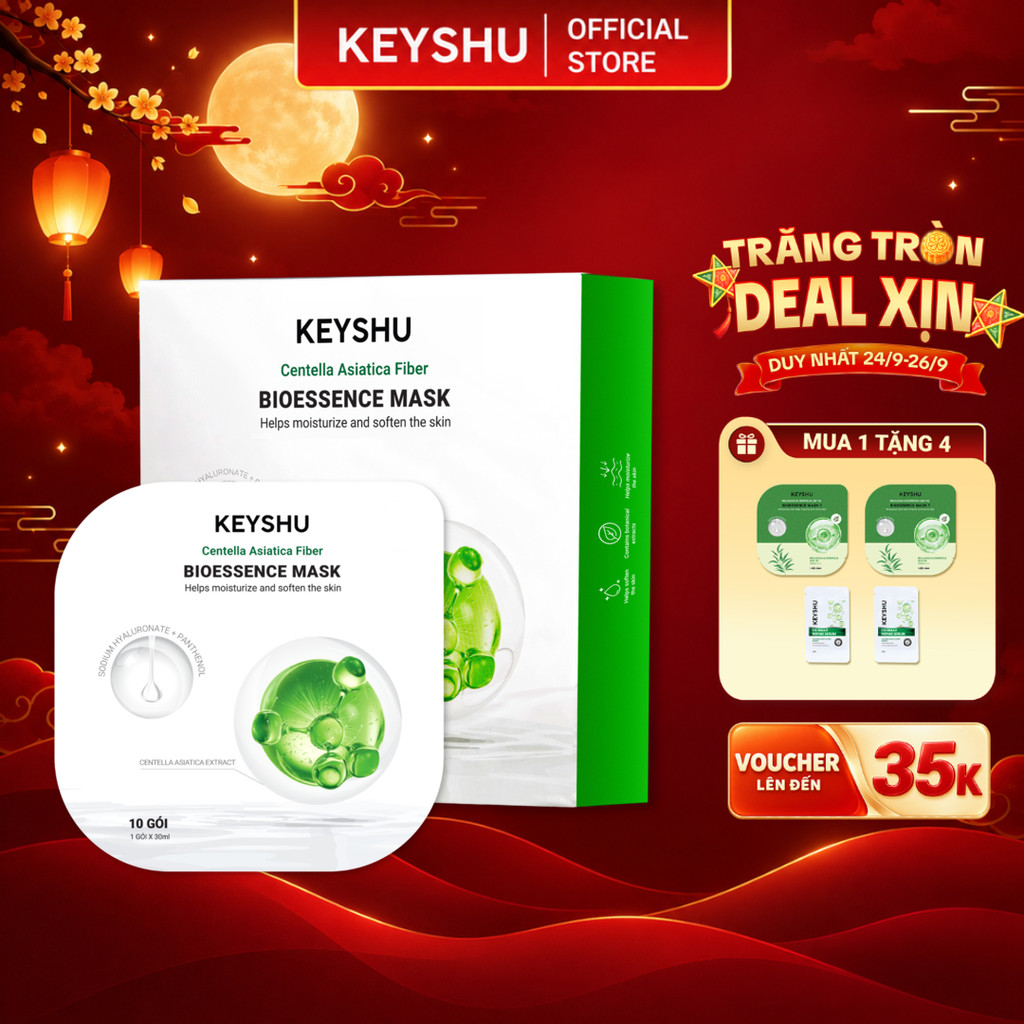 [DUY NHẤT 25/9] 1 Hộp Mặt Nạ Sợi Xơ Rau Má Centella Fiber KEYSHU Dưỡng Ẩm, Hỗ Trợ Ngăn Ngừa Lão Hóa 10 Miếng 30ML