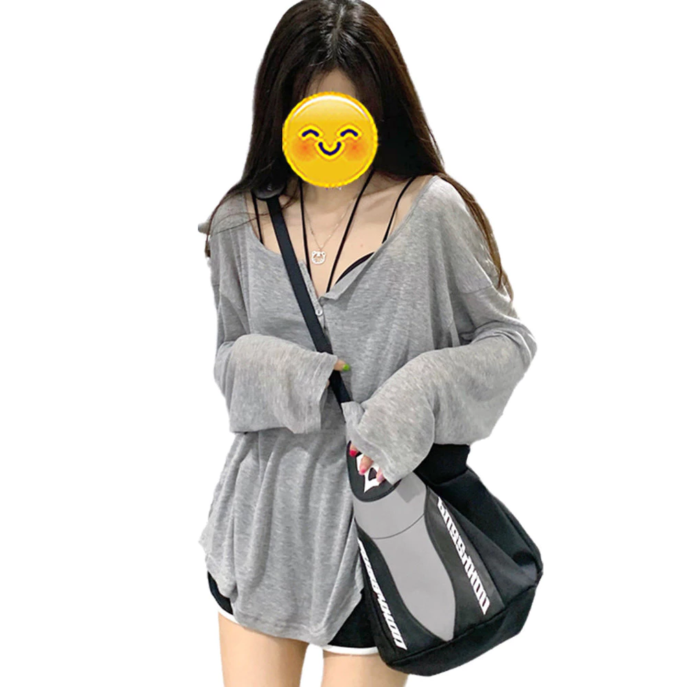 áo thun mỏng dài tay nữ áo dài tay nữ Áo phông hở vai cổ chữ V phong cách lười cổ điển kiểu Mỹ áo cánh dài tay mẫu mỏng màu xám áo lót rộng chống nắng mùa hè cho nữ
