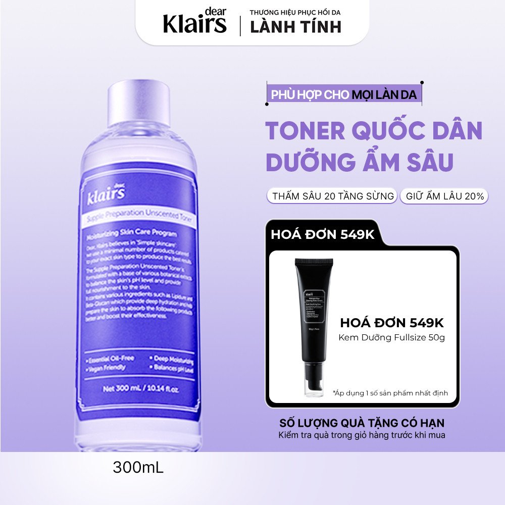 Nước hoa hồng Dear, Klairs Supple Preparation Unscented Toner hỗ trợ cấp ẩm 300ml [FS]