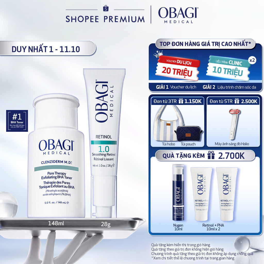 Bộ đôi dưỡng da Toner BHA Giảm Mụn Obagi Clenziderm M.D 148ml và Kem Dưỡng Đêm Obagi Retinol 1.0 (28g)