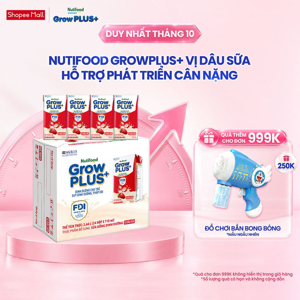 Thùng 24 hộp Sữa bột pha sẵn Nutifood GrowPLUS+ Vị Dâu hộp 110ml - Trên 1 tuổi (24 hộp x 110ml)