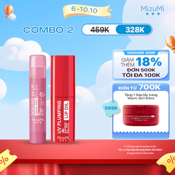 Combo Son dưỡng môi và Dầu dưỡng môi chống nắng MizuMi UV Lip Glassy Balm 3.5g/ Mask 8ml và UV Plumping Lip Oil 4g