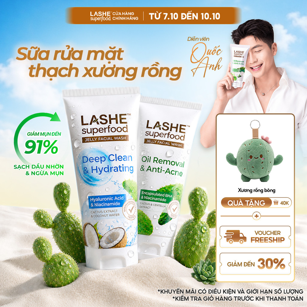 [MỚI] Sữa Rửa Mặt LASHE SUPERFOOD Sạch Sâu, Dưỡng Ẩm Cho Da Khô & Da Nhạy Cảm/Sạch Sâu, Giảm Mụn Cho Da Dầu 120G