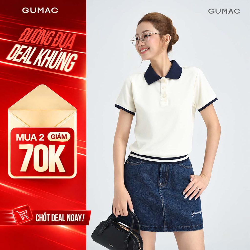 [VOUCHER 70K] Áo Polo Nữ GUMAC Form Lửng Chất Thun Tổ Ong Bo Tay Phối Kiểu Sọc Thoáng Mát Trẻ Trung APG01024
