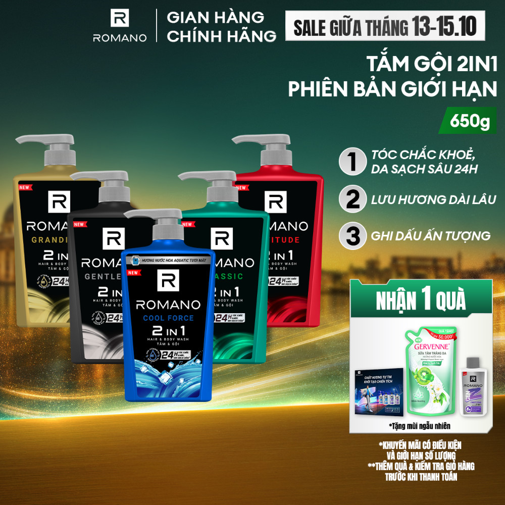 [SVIP] Tắm gội cho nam 2 trong 1 hương Nước hoa nam Romano 2in1 650g/chai