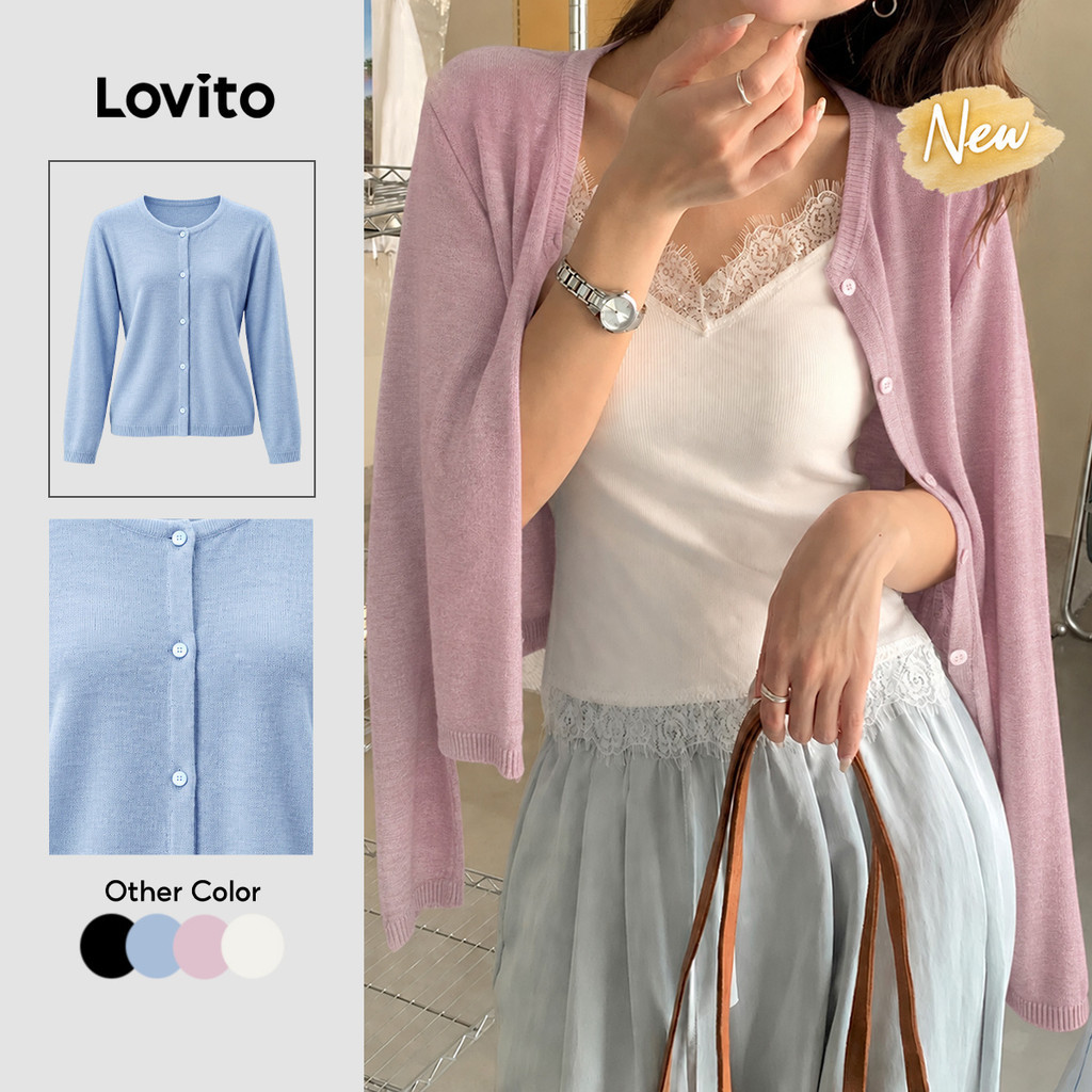 (New Arrival) Lovito Áo khoác len nữ màu trắng kem cổ tròn tay dài trơn trong suốt phong cách casual mùa thu đông CDNS150TX355