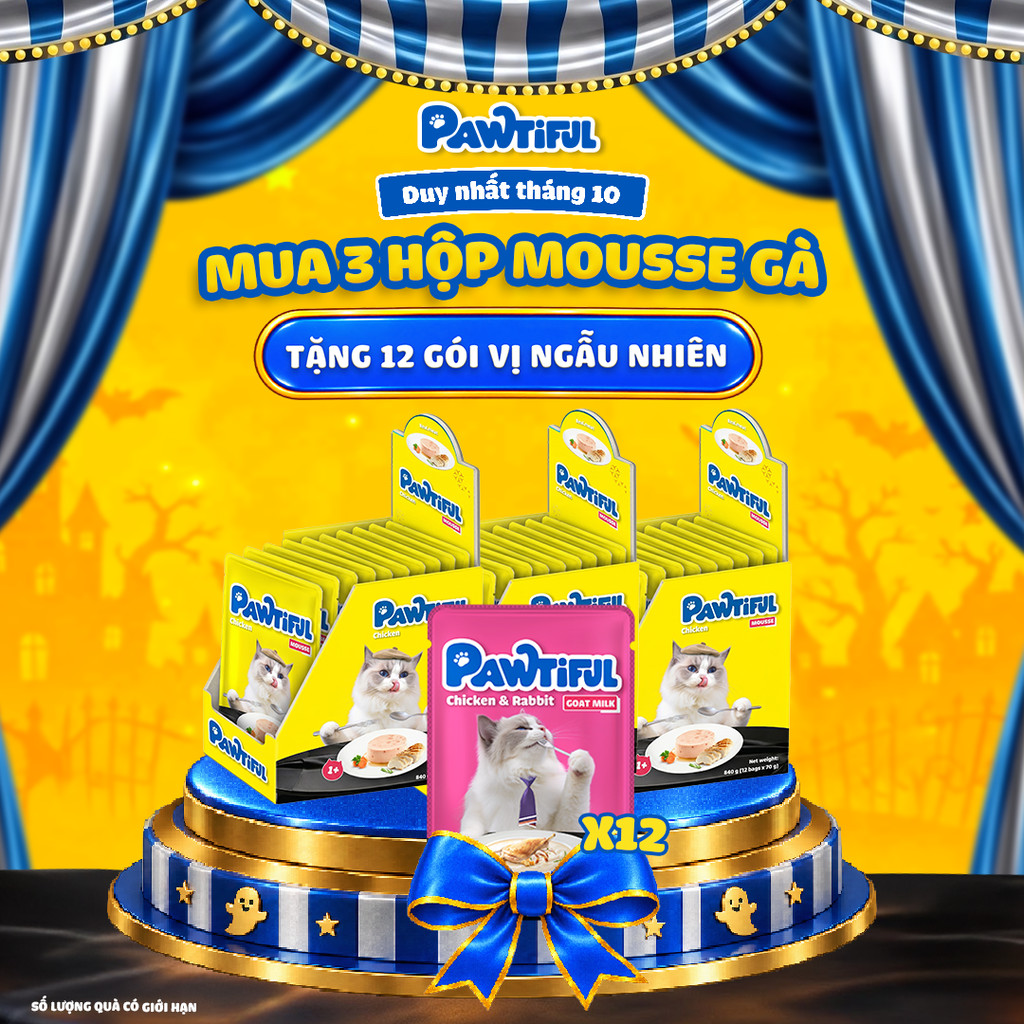 [MUA 3 HỘP TẶNG 12 GÓI] 3 Hộp Pate Pawtiful cho mèo dạng Mousse vị Gà 3hộp x12gói x70g
