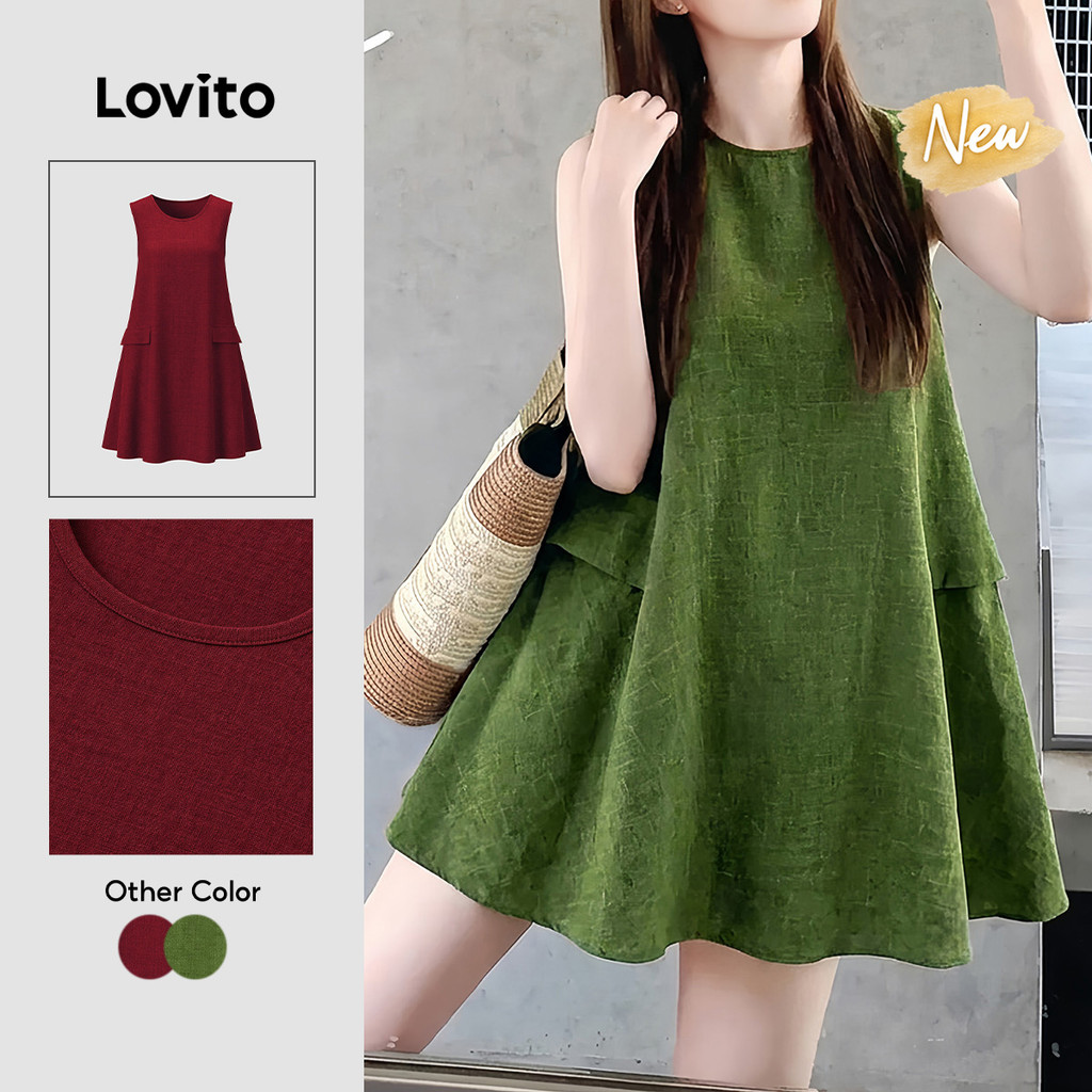 (New Arrival) Lovito Đầm nữ màu Xanh lá dáng chữ a ngắn Phong cách thường ngày túi giả cổ điển và đa dụng bề mặt có kết cấu mặc cuối tuần mùa xuân hè DRB204P1D198