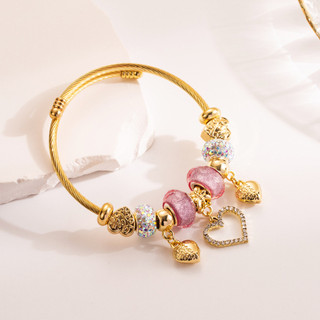 Vòng tay Pandora thép không gỉ, mặt pha lê và kim cương nhân tạo, thiết kế trái timadjustable cho nàng