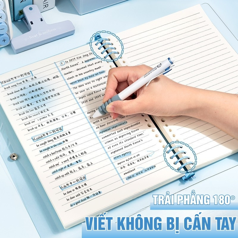 Sổ Tay Binder A5 Thay Giấy – Bìa Nhựa Dẻo Trong Suốt, 120 Trang Kẻ Ngang Caro, Phù Hợp Ghi Chép Học Tập