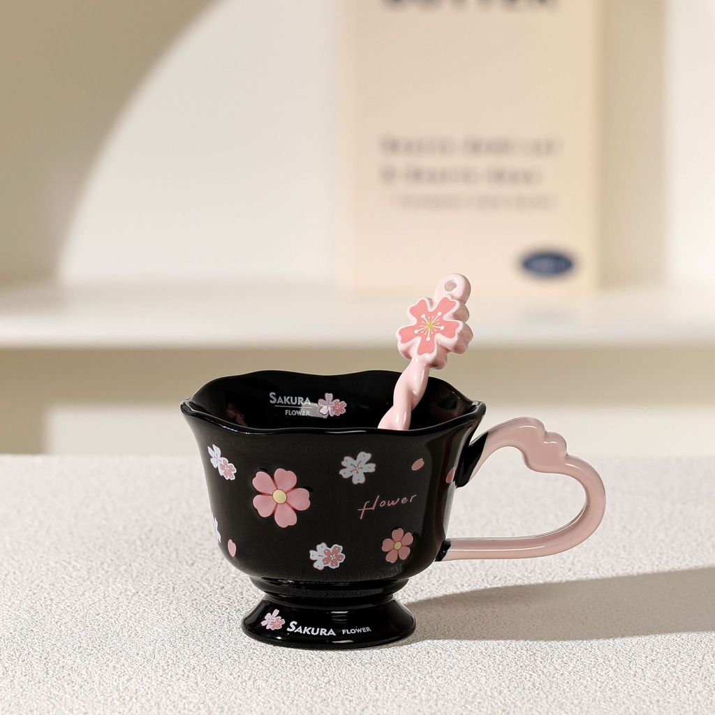 Cốc sứ hoa anh đào  – thiết kế dễ thương, phong cách nữ tính, dùng cho cà phê, trà chiều, văn phòng & gia đình