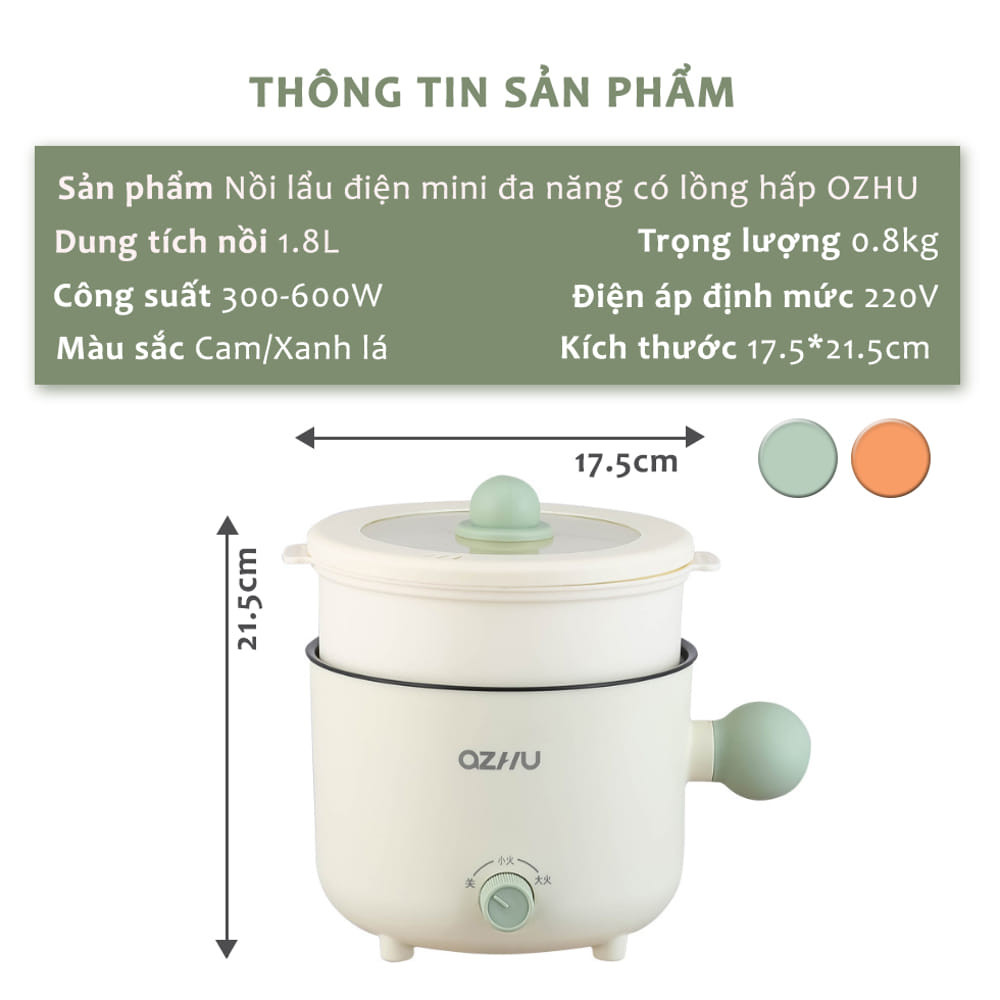 Nồi Lẩu Điện OZHU 18cm 2 nấc nhiệt kèm giá hấp có tay cầm tiện dụng, nồi lẩu 2 tầng cao cấp