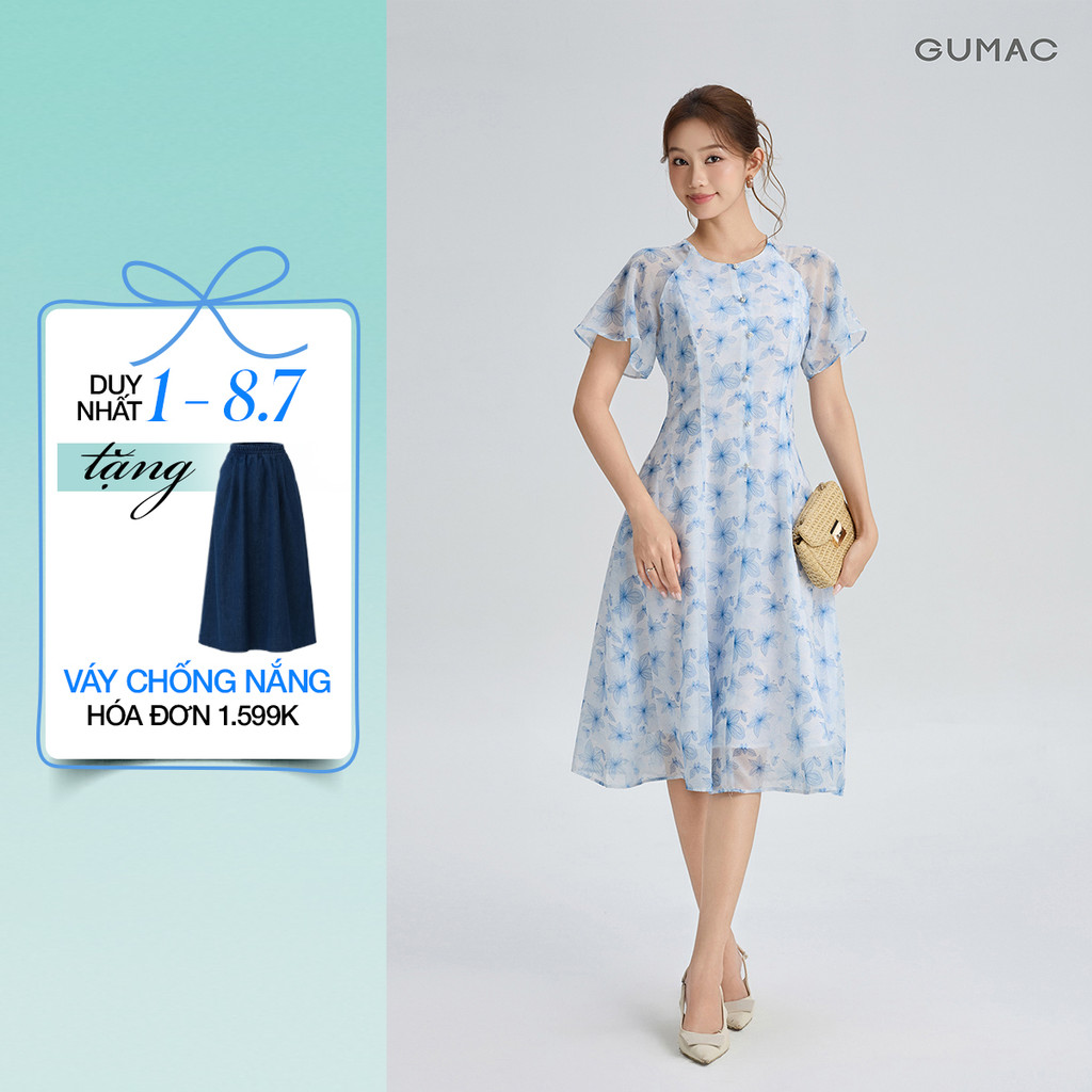 Đầm Nữ GUMAC Form A Xòe Cổ Tròn Tay Cánh Tiên Mềm Mại Nút Dọc Giữa Thân Tinh Tế Hiện Đại DG06035