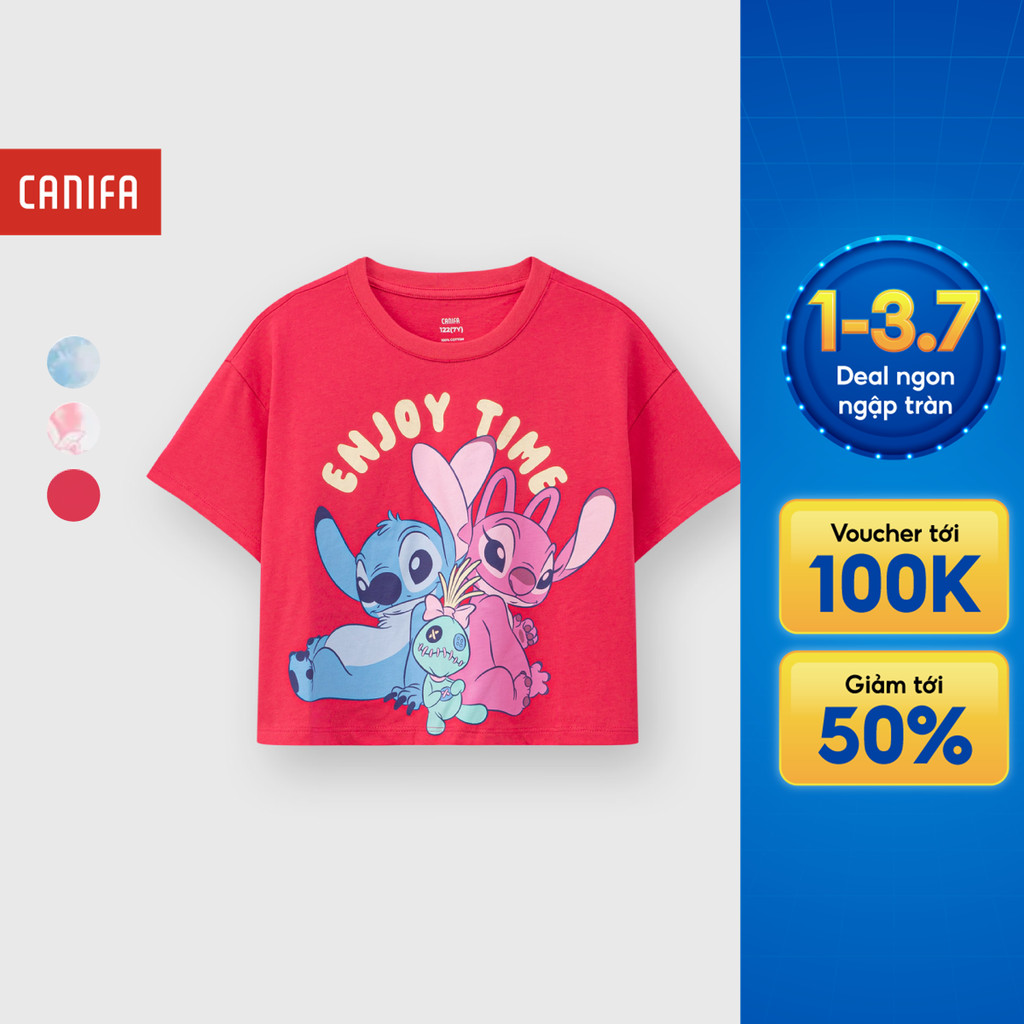 Áo phông croptop bé gái CANIFA cổ tròn ngắn tay in hình Stitch chất liệu cotton thoáng mát 1TS25C003