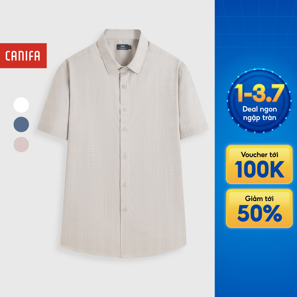 Áo sơ mi nam CANIFA chất liệu cotton cộc tay cổ đức họa tiết dập nổi 8TH26S009