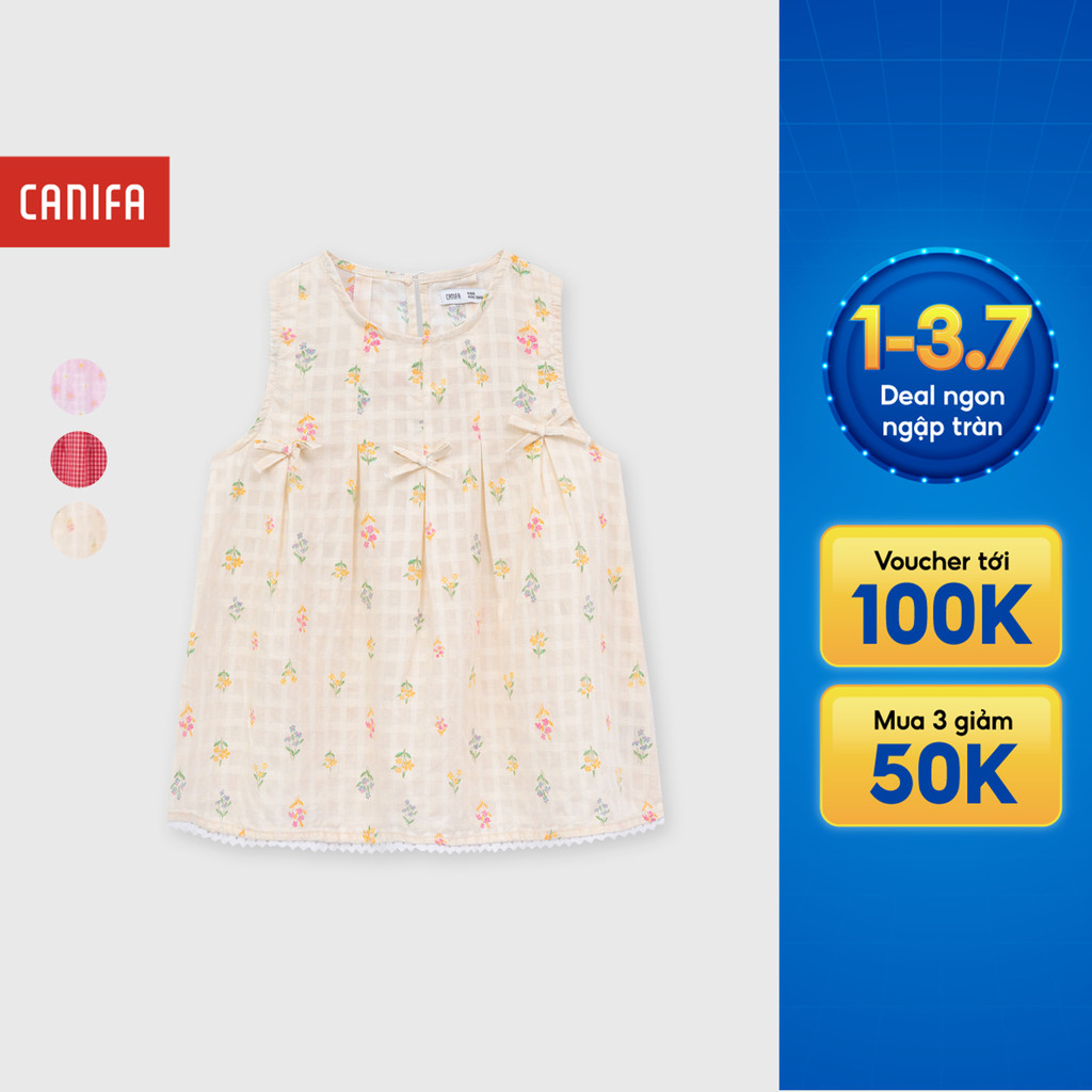 Áo kiểu bé gái CANIFA dáng babydoll không tay đính nơ in họa tiết 1TO26S001