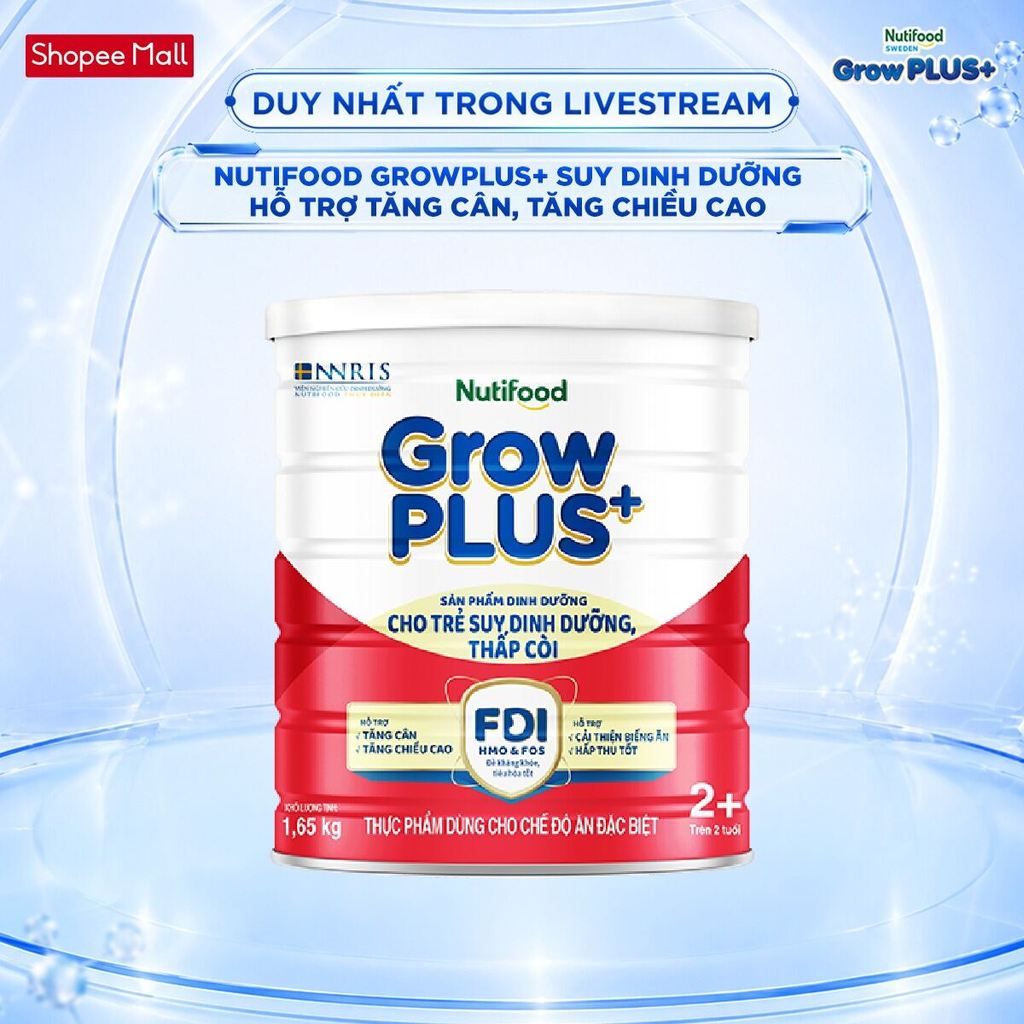 [Livestream Hannah Olala] Sữa bột Nutifood GrowPLUS+ Suy Dinh Dưỡng (Đỏ) 2+ - Tăng Cân, Tăng Chiều Cao (Lon 1,65 Kg)
