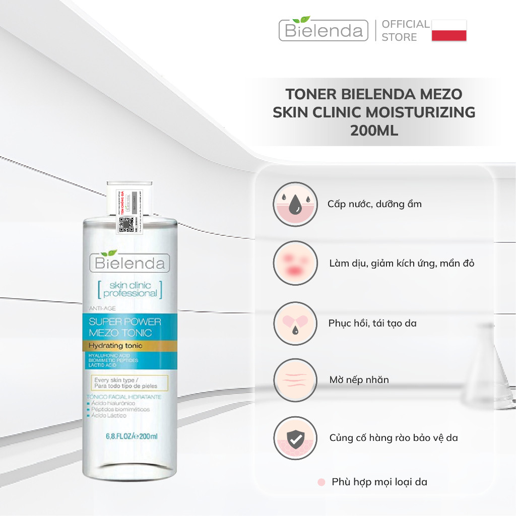 Toner Bielenda Mezo Skin Clinic Moisturizing cấp nước, dưỡng ẩm, làm da căng bóng 200ml