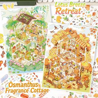 ENWEI 5 Cái [Dòng tranh nhà ổ chuột mùa xuân] Nhãn dán phong cảnh Lotus Breeze Retreat Osmanthus Fragrant House Oversized Pine Snow Warm Lodge Trang trí nhật ký