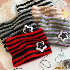 Mũ ác quỷ ngôi sao CHEESELY, Mũ beanie Y2K sọc Y2K dễ thương, móc tai mèo mèo dễ thương mùa thu đông