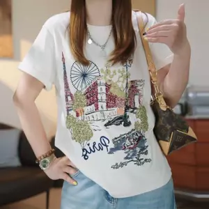 Áo thun ngắn tay in hình cổ tròn phiên bản Hàn Quốc mùa hè dành cho nữ thời trang dáng rộng thon gọn hơn
