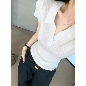 🔥có hàng sẵn🔥áo polo nữ áo thun cổ bẻ nữ áo phong cách hàn quốc nữ Trí Thông Minh Cao Cổ Chữ V Slim-fit Vai Ngắn Tay Áo Thun Nữ Mùa Hè Ve Áo Ice Silk Kn
