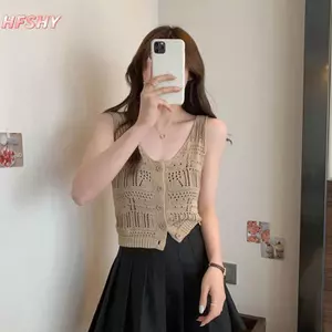 HFSHY Nữ Rỗng Ra Dệt Kim Tank Top Mùa Hè Màu Trơn Không Tay Nút Ôm Crop Top VN