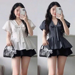 Áo sơ mi kẻ sọc cổ tim đính nơ dáng babydoll thời trang mùa hè xinh xắn SMK9844 - Hieuvy Botique