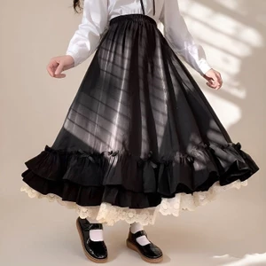 Hàn Quốc Phong Cách Nhật Bản Vintage Pháp Hai Lớp Xù Màu Đen Trắng Một Dòng Nửa Dài Váy Nữ