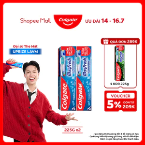Bộ 2 Kem đánh răng Colgate Maxfresh bạc hà the mát 225g/tuýp tặng bàn chải