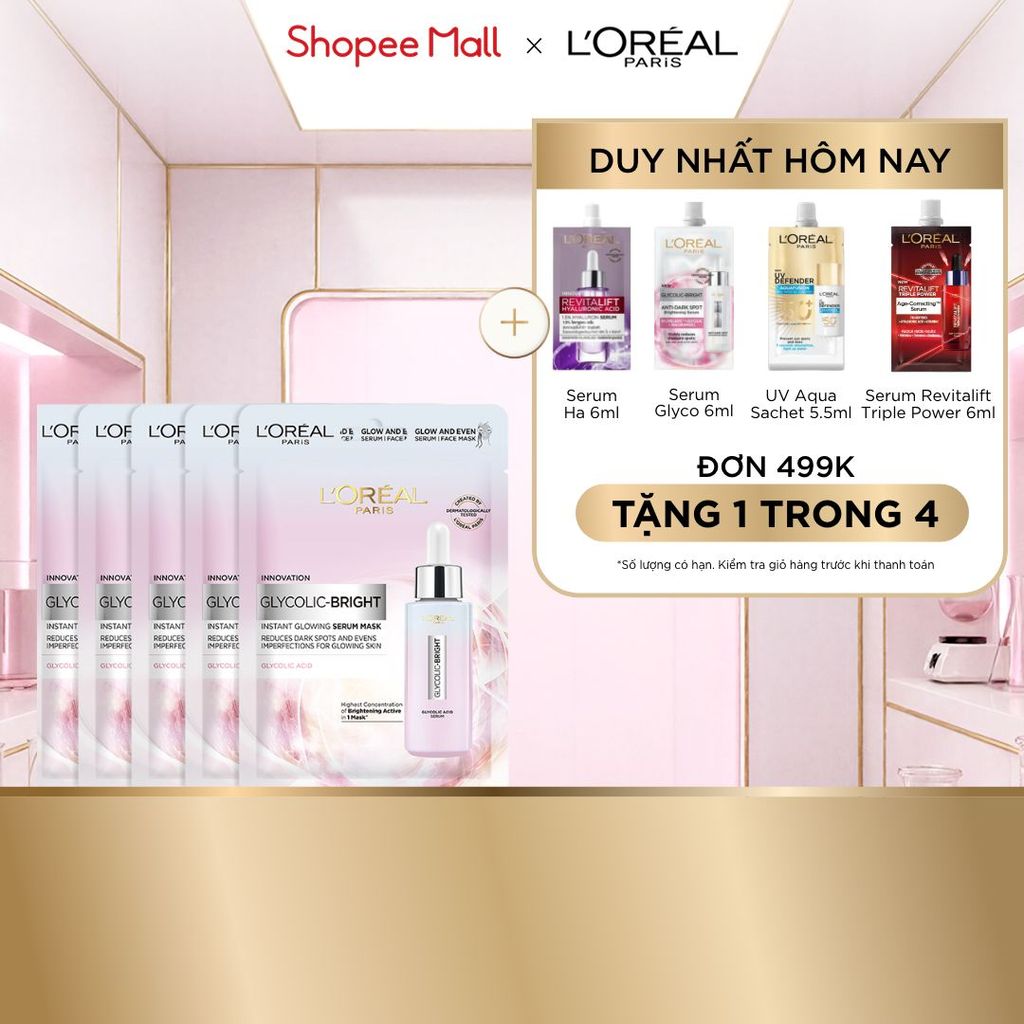 Bộ 5 mặt nạ dưỡng sáng mờ thâm nám L'Oreal Paris Glycolic (AHA) Bright 22gx5