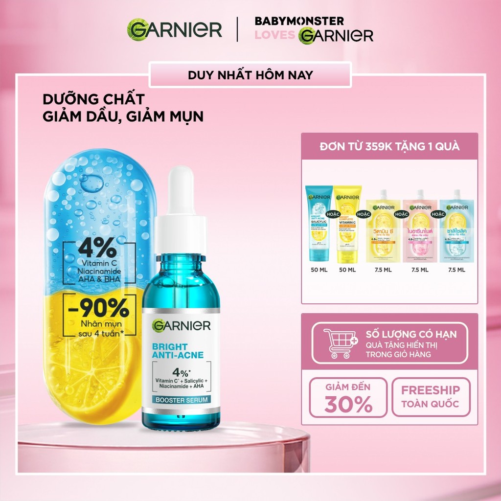 Dưỡng chất cho da dầu mụn Garnier Bright Complete Anti-Acnes Booster Serum 4% [Niacinamide, BHA, AHA, Vitamin C] 30ml