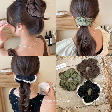 DREJEW Scrunchie Chấm Bi Ruffle Edge Scrunchie Vải Kết Cấu Mềm Tóc Scrunchie Phong Cách Dành Cho Nữ Mặc Hàng Ngày