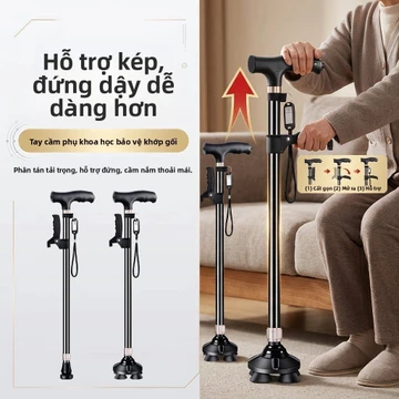 Gậy chống y tế cho người già, chống trượt, bốn chân, chống ngã, nhẹ, tay cầm có đệm chống trượt.