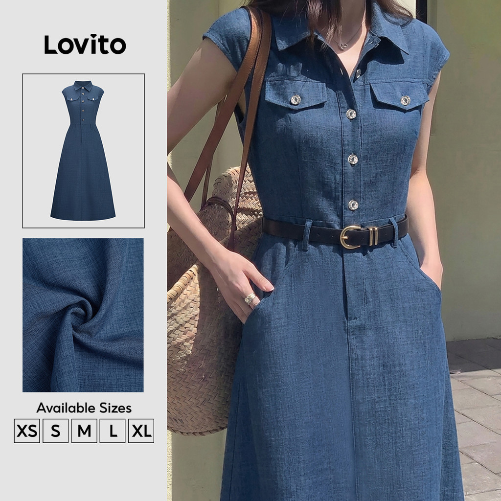 Lovito Váy liền thường ngày có túi khóa kim loại túi giả màu xanh dương mùa xuân/hè dành cho nữ (không Kèm Thắt Lưng) DRK8BR077