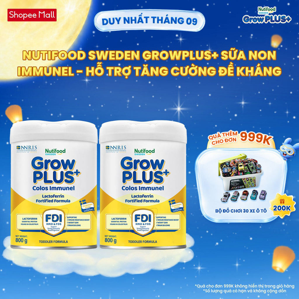 Combo 2 Sữa Bột Nutifood Sweden GrowPLUS+ Sữa Non Immunel lon 800 g (Bao bì tuỳ lô hàng)