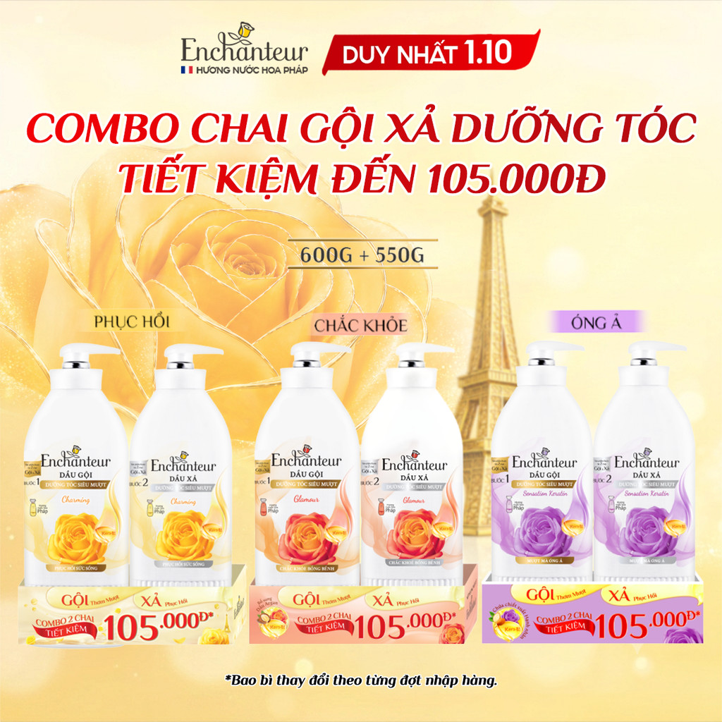 [GIÁ DÙNG THỬ] Combo Dầu gội Enchanteur dưỡng tóc mượt thơm lâu 600g và Dầu xả Phục Hồi Sức Sống 550g