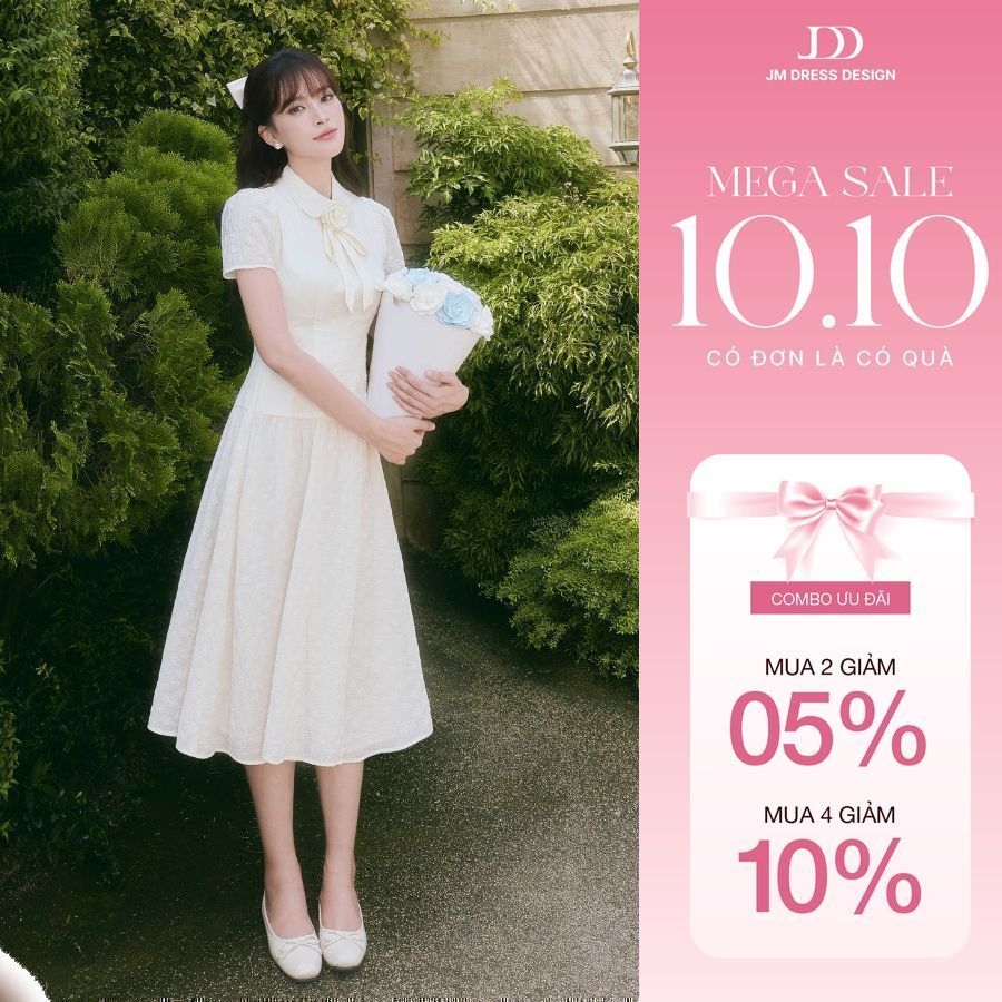 Đầm Xuân Hè Nhún Chân Dài Cổ Sen 1S03.2601. Đầm Tơ Hoa Nhí Dáng Midi Dài Xòe Nàng Thơ Nữ Tính Thanh Lịch JM Dress Design