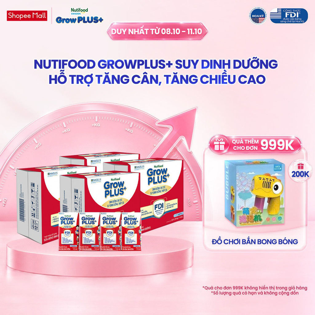 Combo 2 Thùng 48 SBPS Nutifood GrowPLUS+ Suy Dinh Dưỡng Ít đường 110ml - Tăng Cân, Tăng Chiều Cao (Bao bì tùy lô hàng)