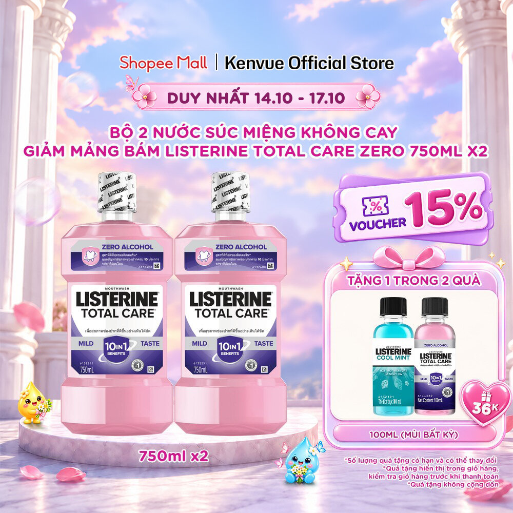 Combo 2 Nước Súc Miệng Chăm Sóc Toàn Diện Không Cay Listerine Total Care Zero Alcohol Mouthwash 750mlx2