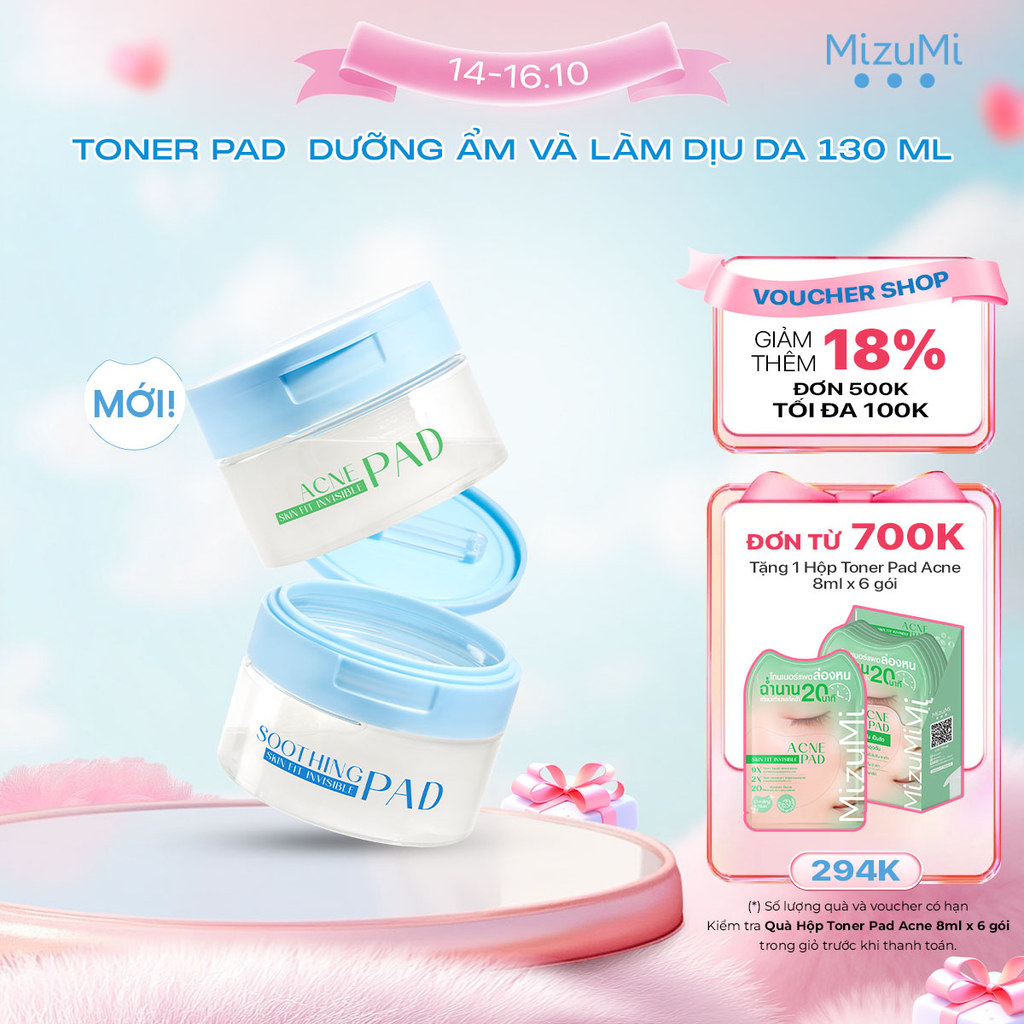 MizuMi Toner Pad Skin Fit Invisible Pad mỏng nhẹ dưỡng ẩm làm mát tức thì 130ml (80 pads)