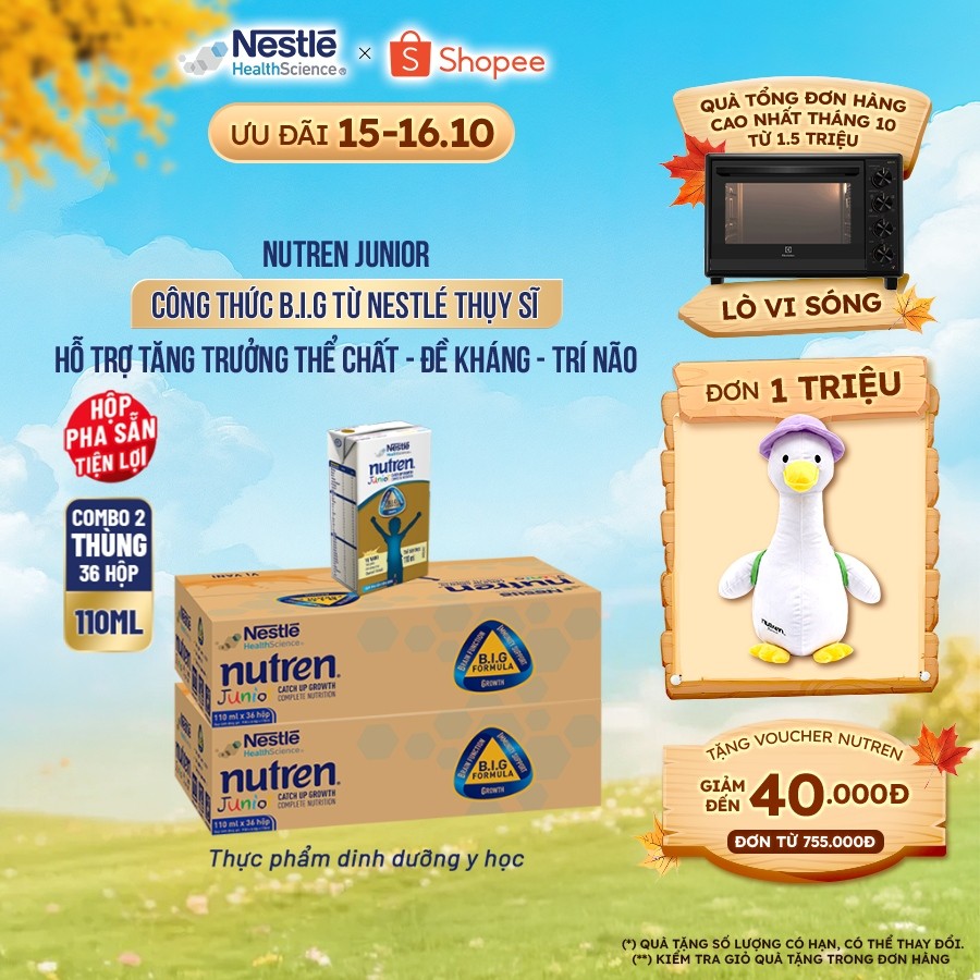 Bộ 2 Thùng 36 Hộp Sữa Pha Sẵn NESTLÉ NUTREN JUNIOR Thụy Sĩ Công Thức BIG Tăng Trưởng 110ML