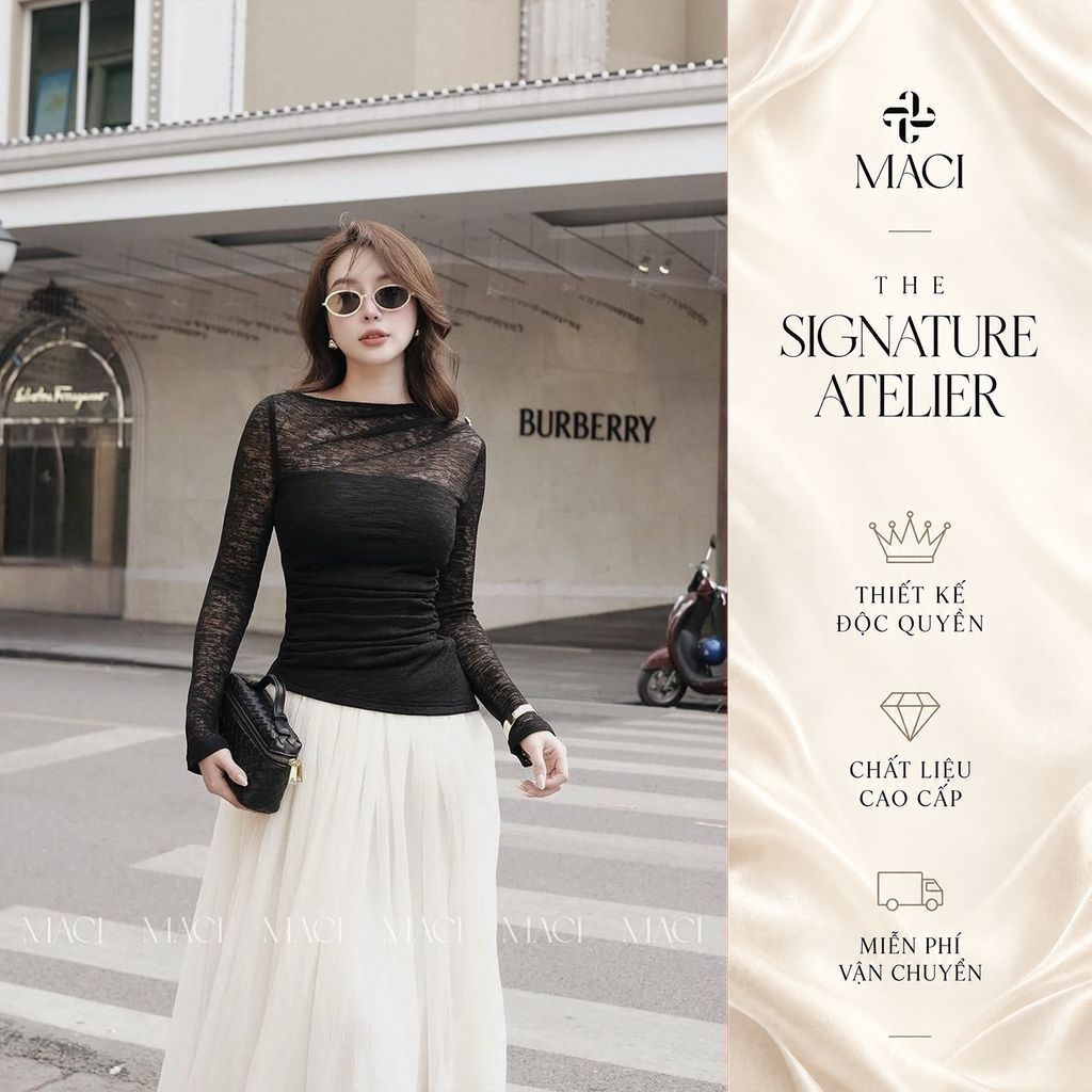 Áo Len Tằm Thiết Kế Nhún Eo Lệch Màu Đen MACI MCAATDE0266 Thời Trang Nữ Thiết Kế Độc Quyền