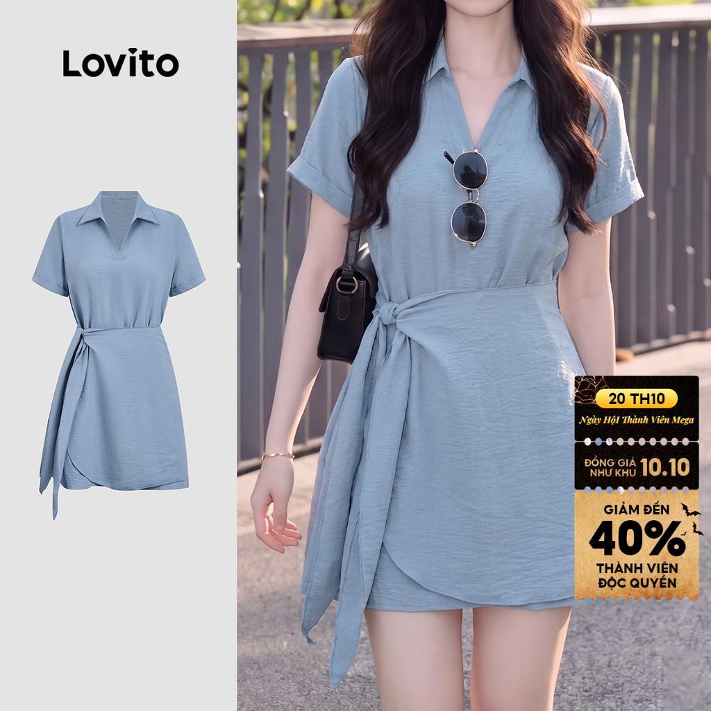 Lovito Đầm phong cách thường ngày đắp tà mùa xuân/hè màu xanh dương cho nữ DRB198P1D295